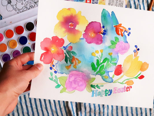 Watercolor Painting Wildflower Easter Bunny DIY