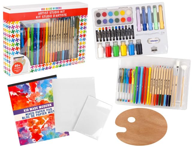 Kid Made Modern Artist Studio Kit & Travel Art Supplies Set for Ages 5 6 7 8 9 10 11 12+ w/Paper Pads, Colored Pencils, Markers, Watercolor & 50+ Pcs